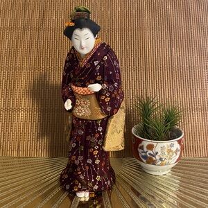 Vintage Japanese Kimekomi Style Geisha Doll Burgundy Floral Kimono 9”
